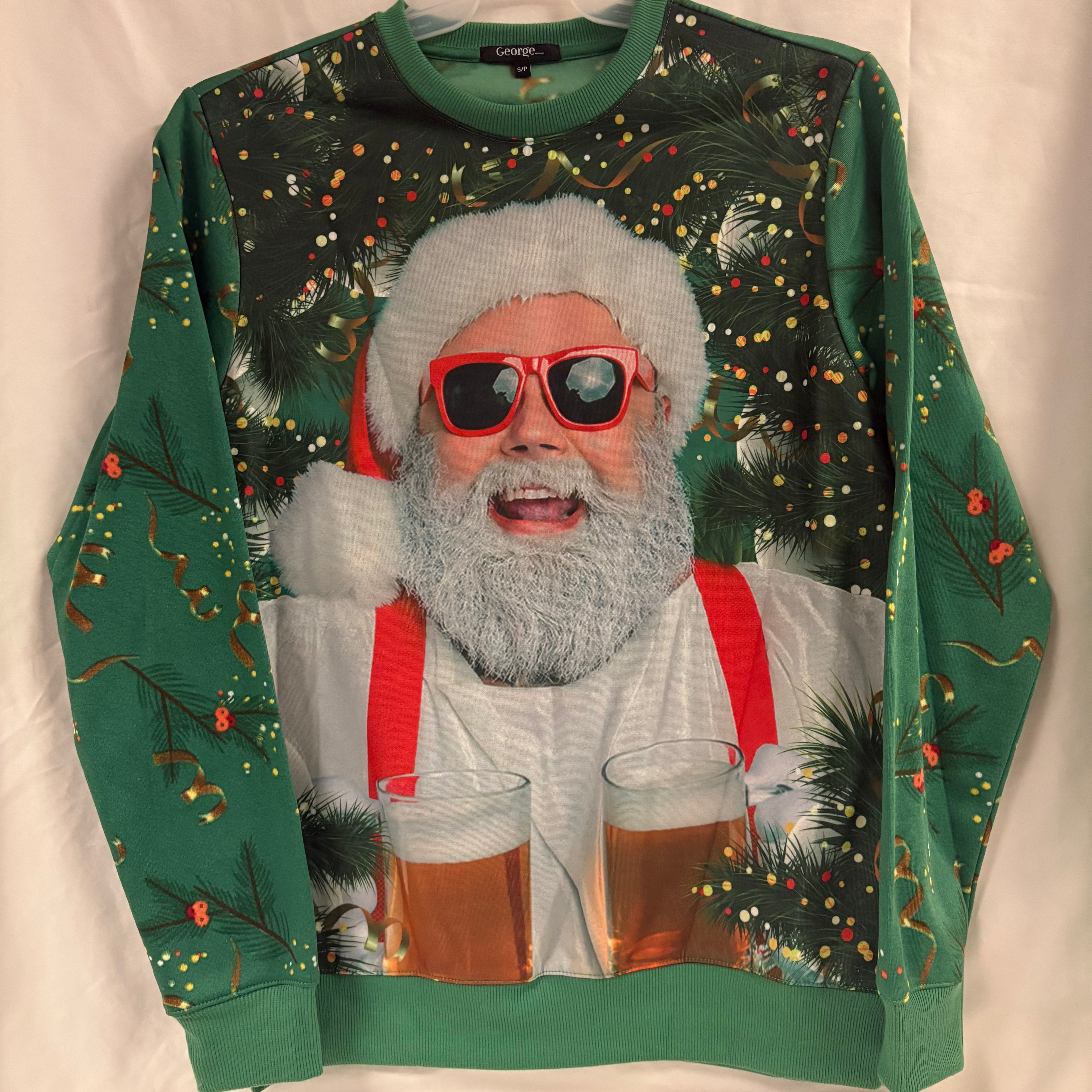 Mens Funny Santa Christmas Crewneck Sweater with Beer Glasses
